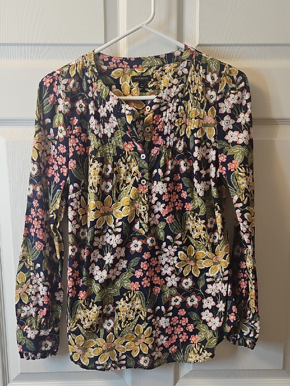 Talbots Blue Floral Pintuck Button-Front Blouse, XS